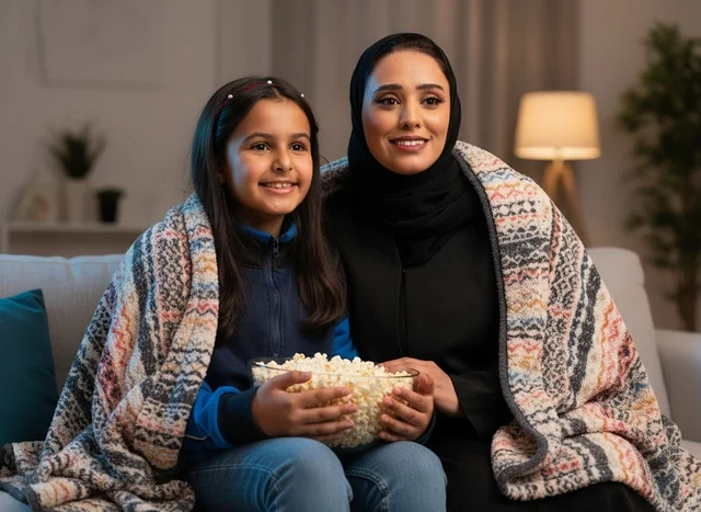 أم إماراتية وابنتها تتناولان الفشار في غرفة المعيشة