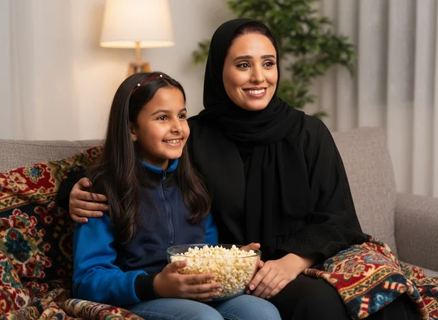 أم إماراتية وابنتها تتناولان الفشار في غرفة المعيشة