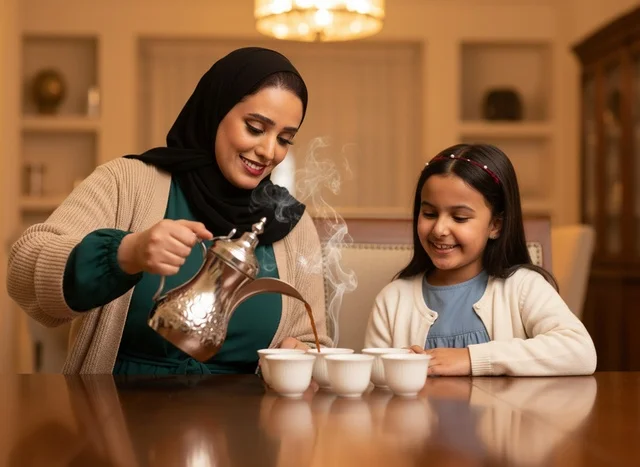 A Saudi mother pours traditional Arabic coffee at home.