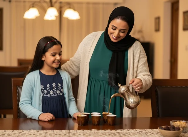 Saudi Mother Pouring Traditional Arabic Coffee Indoors