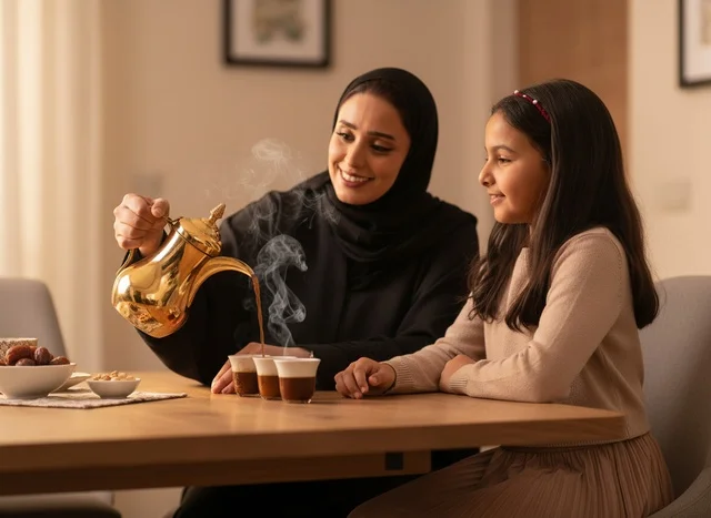 أم سعودية تصب القهوة العربية التقليدية في المنزل