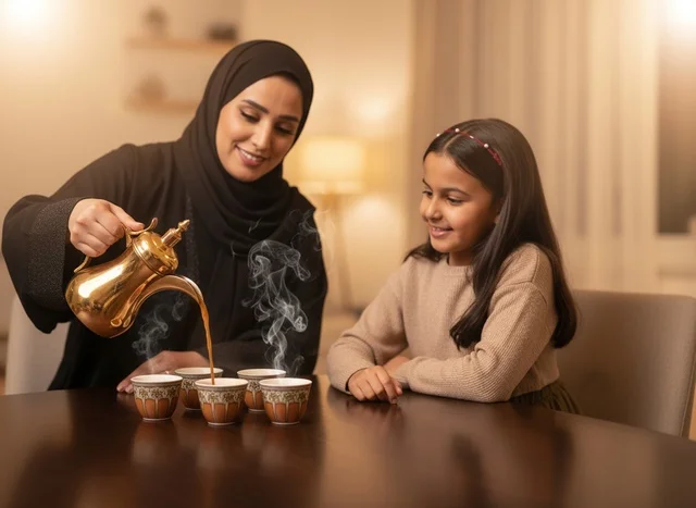 أم سعودية تصب القهوة العربية التقليدية في المنزل