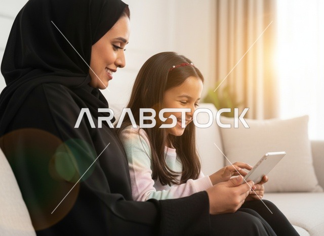 أم وابنة عربية تستخدمان جهازاً لوحياً في المنزل