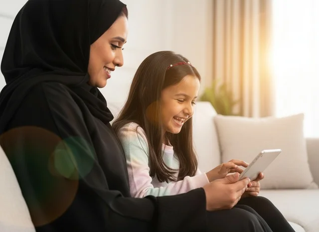 أم وابنة عربية تستخدمان جهازاً لوحياً في المنزل أم وابنة عربية تستخدمان جهازاً لوحياً في المنزل