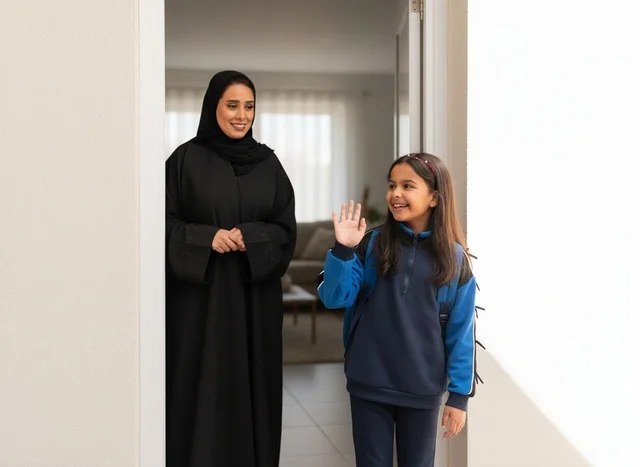 أم إماراتية تودع ابنتها المتوجهة للمدرسة في المنزل