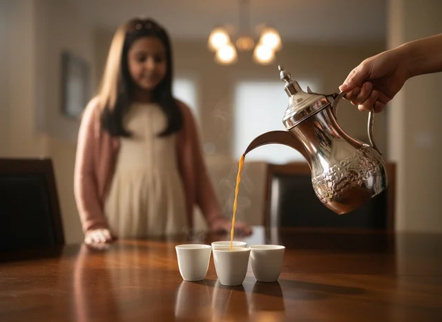 Traditional Arabic Coffee Pouring from Silver Dallah