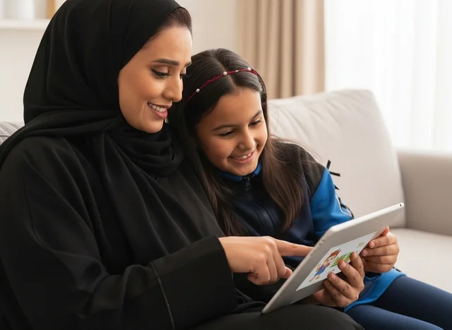 أم إماراتية وابنتها تستخدمان الجهاز اللوحي في المنزل
