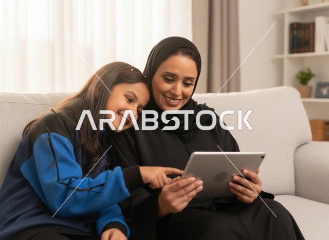 أم سعودية وابنتها تستخدمان الجهاز اللوحي في المنزل