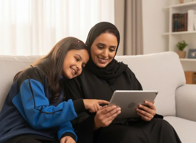 أم سعودية وابنتها تستخدمان الجهاز اللوحي في المنزل
