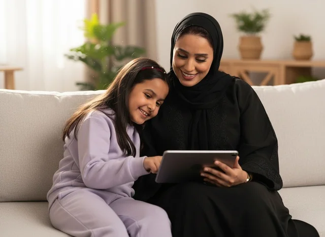 أم إماراتية مع ابنتها تستخدمان جهاز لوحي بالمنزل