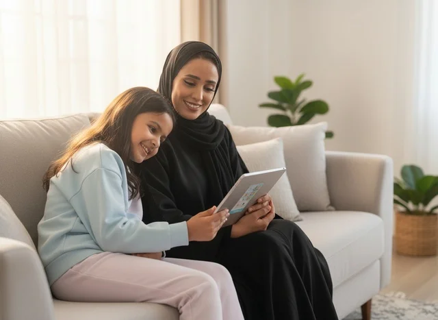 امرأة إماراتية وطفلة تستخدمان جهازاً لوحياً في غرفة المعيشة