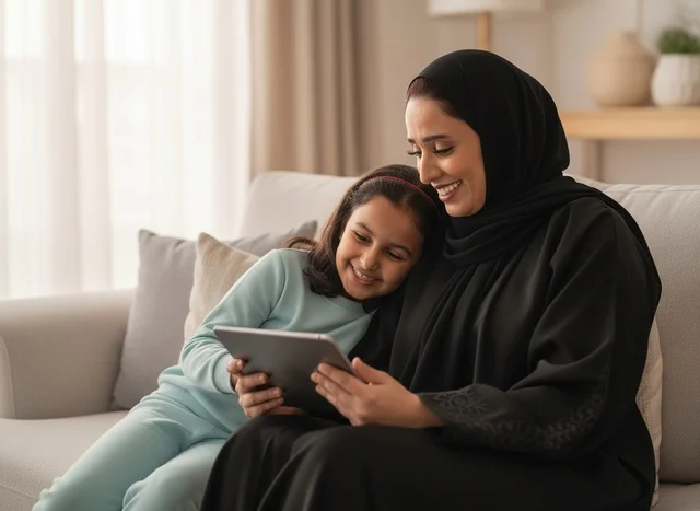 أم إماراتية وابنتها تستخدمان الجهاز اللوحي في المنزل أم إماراتية وابنتها تستخدمان الجهاز اللوحي في المنزل