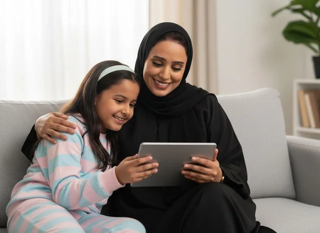 أم إماراتية وابنتها تستخدمان الجهاز اللوحي في المنزل