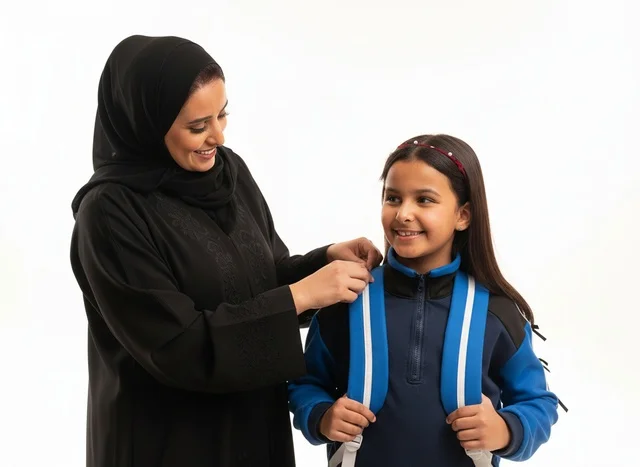 Saudi Mother and Daughter with School Backpack