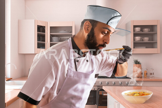 طاهٍ وطباخ عربي خليجي سعودي في داخل مطبخ المطعم في مكان العمل ، يتذوق الحساء اللذيذ الساخن ، يرتدي الزي الرسمي الخاص بمزاولة مهنة الشيف ، طاهٍ خبير وناجح في العمل ، فنون الأكل والتذوق ومهارات الإبتكار، مفهوم مهنة طاهي الطعام