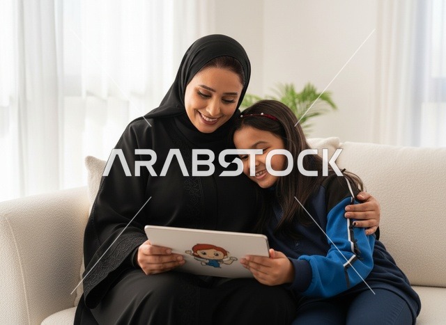 أم إماراتية وابنتها تستخدمان جهازاً لوحياً في المنزل