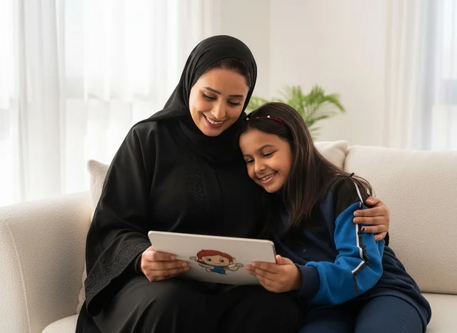 أم إماراتية وابنتها تستخدمان جهازاً لوحياً في المنزل