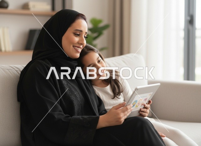 أم سعودية وابنتها تستخدمان الجهاز اللوحي في المنزل