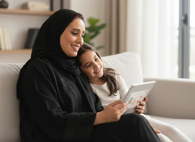 Saudi Mother and Daughter Using Tablet at Home