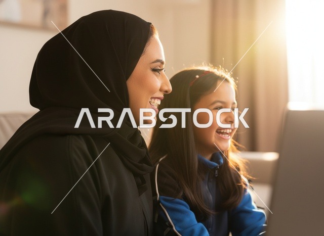 أم سعودية مع ابنتها تستخدمان الكمبيوتر في المنزل