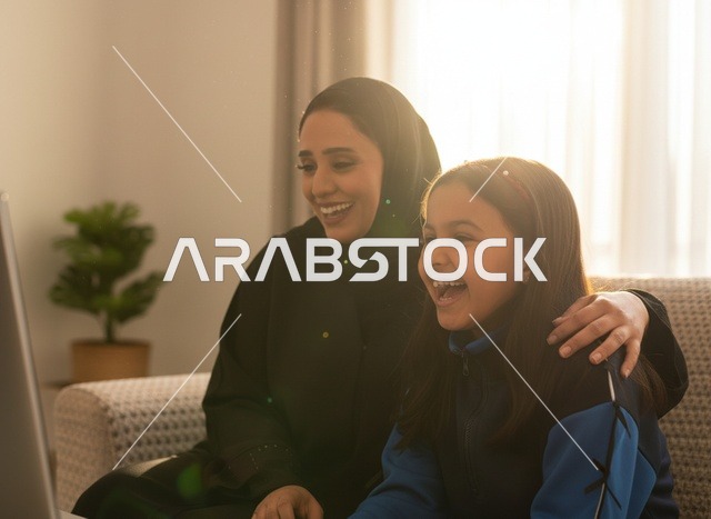 أم سعودية وابنتها تستخدمان الكمبيوتر المحمول في المنزل