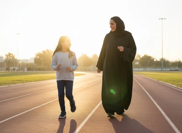 Arab Woman and Child on Running Track at Sunset
