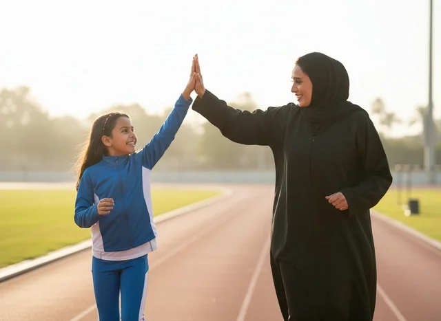 امرأة وفتاة عربية في مضمار الجري وقت الغروب