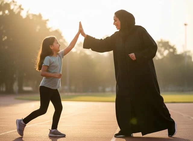 Saudi Mother and Daughter High Five on Running Track