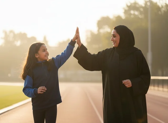 أم إماراتية وابنتها تتبادلان التحية في مضمار الجري
