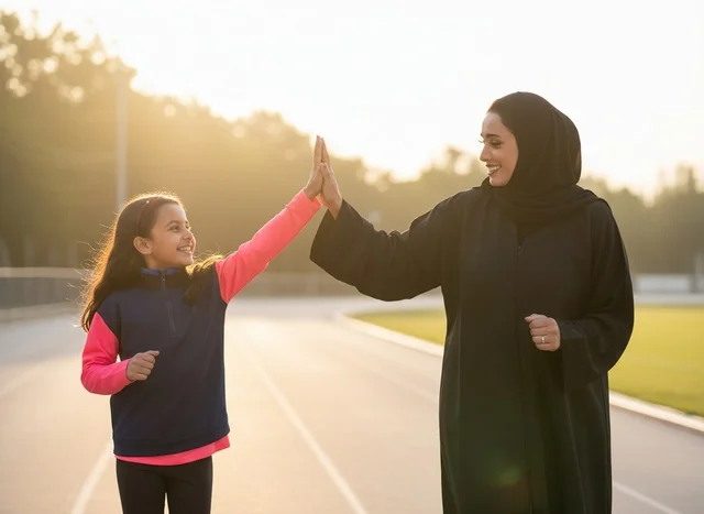 أم إماراتية وابنتها في مضمار الجري وقت الغروب