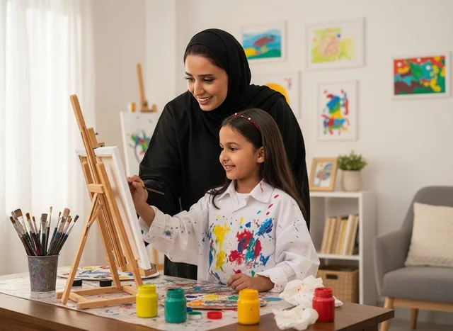 Emirati Mother and Daughter Painting in Art Studio