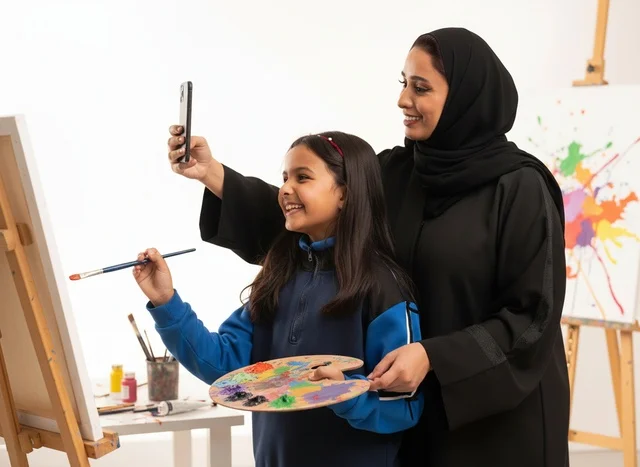 Emirati Woman and Girl Painting in Art Studio