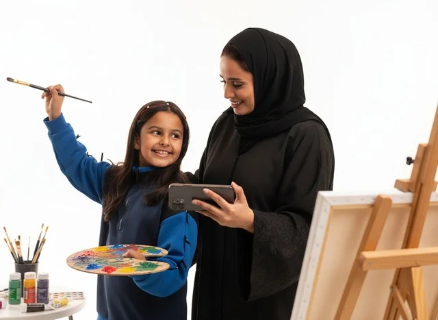 Saudi Woman and Girl Painting with Smartphone