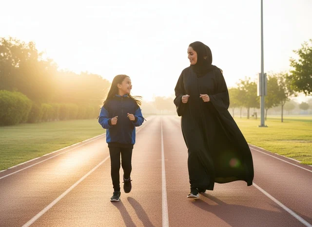 Emirati Woman and Daughter Jogging on Track at Sunrise