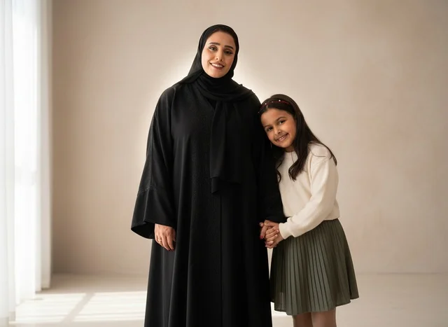 A Saudi mother and her daughter in traditional abayas indoors.