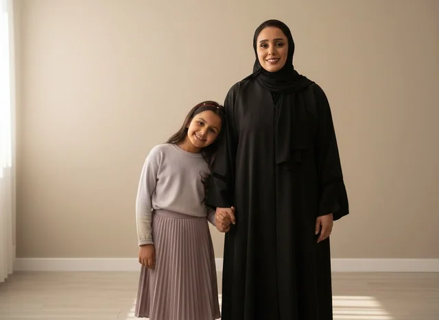 A Saudi mother and her daughter in traditional abayas indoors.