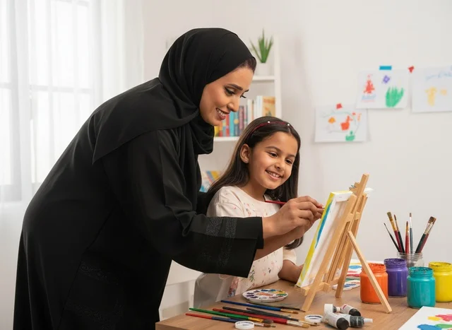 Saudi Woman and Girl Painting on Easel Indoors