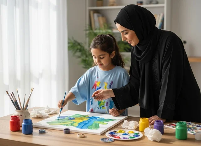Saudi Mother and Daughter Painting on Canvas at Home