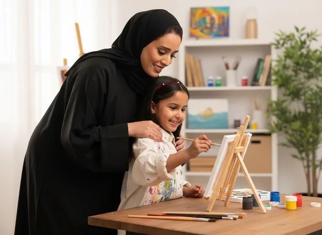 Saudi Mother and Daughter Painting in Art Studio
