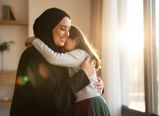 Emirati Mother in Abaya Hugging Daughter at Home Emirati Mother in Abaya Hugging Daughter at Home