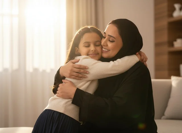 أم إماراتية تحتضن ابنتها في منزل مشمس