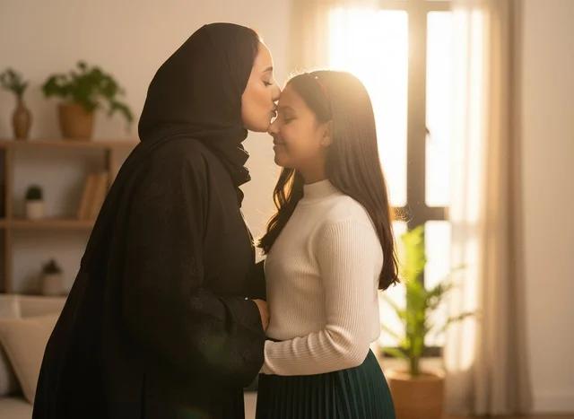 A Saudi mother and her daughter in traditional abayas indoors.