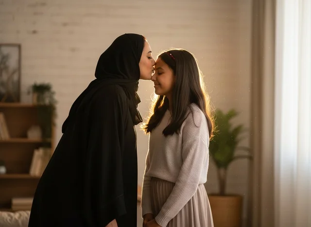 Saudi Mother Kissing Daughter Forehead at Home