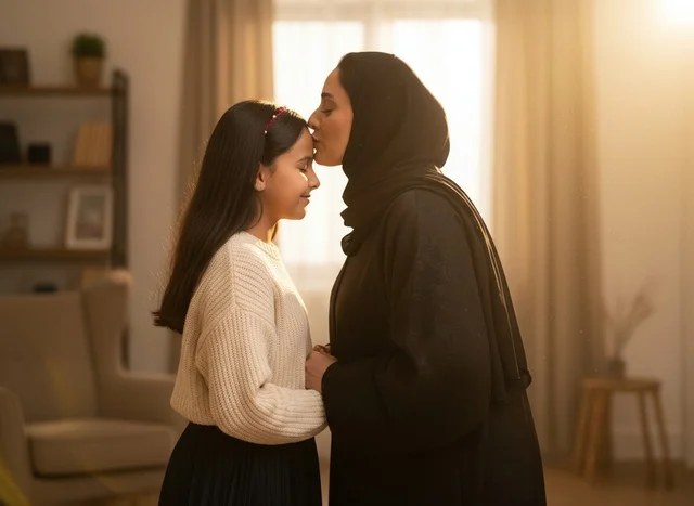 أم إماراتية بالعباءة تقبل ابنتها في المنزل