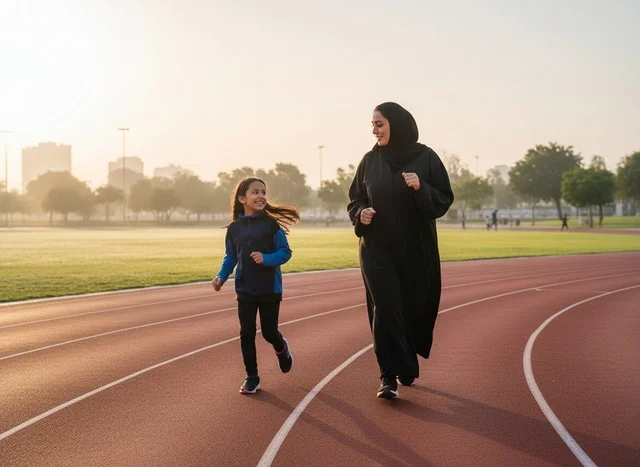 أم إماراتية وابنتها تمارسان الجري في مضمار رياضي