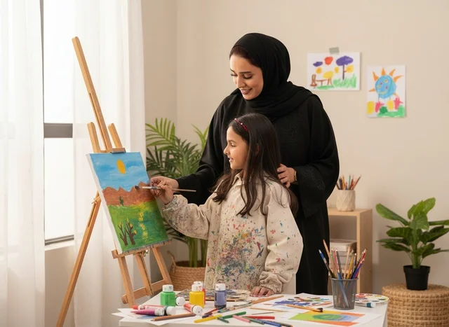 Saudi Mother and Daughter Painting on Easel Indoors