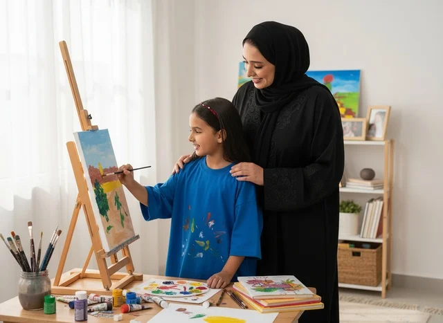 Saudi Mother and Daughter Painting on Canvas in Studio Saudi Mother and Daughter Painting on Canvas in Studio