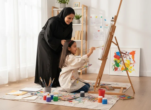 Arab Mother and Daughter Painting in Home Art Studio