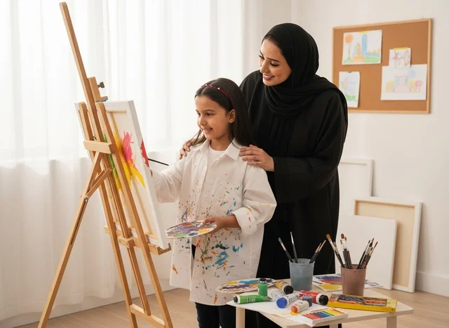 Emirati Mother and Daughter Painting on Canvas Indoors