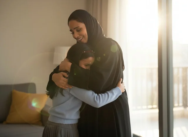 Emirati Mother and Daughter Hugging in Sunlit Home